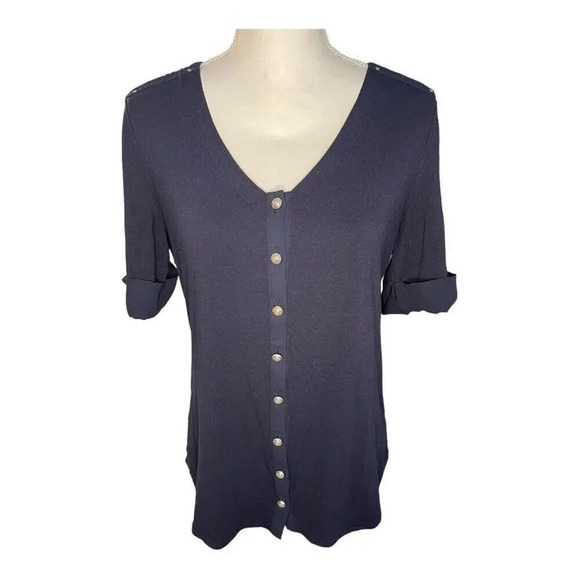 Carmen Marc Valvo Navy Blue V-Neck Button Front Roll Tab Sleeve Top Medium - Picture 2 of 5